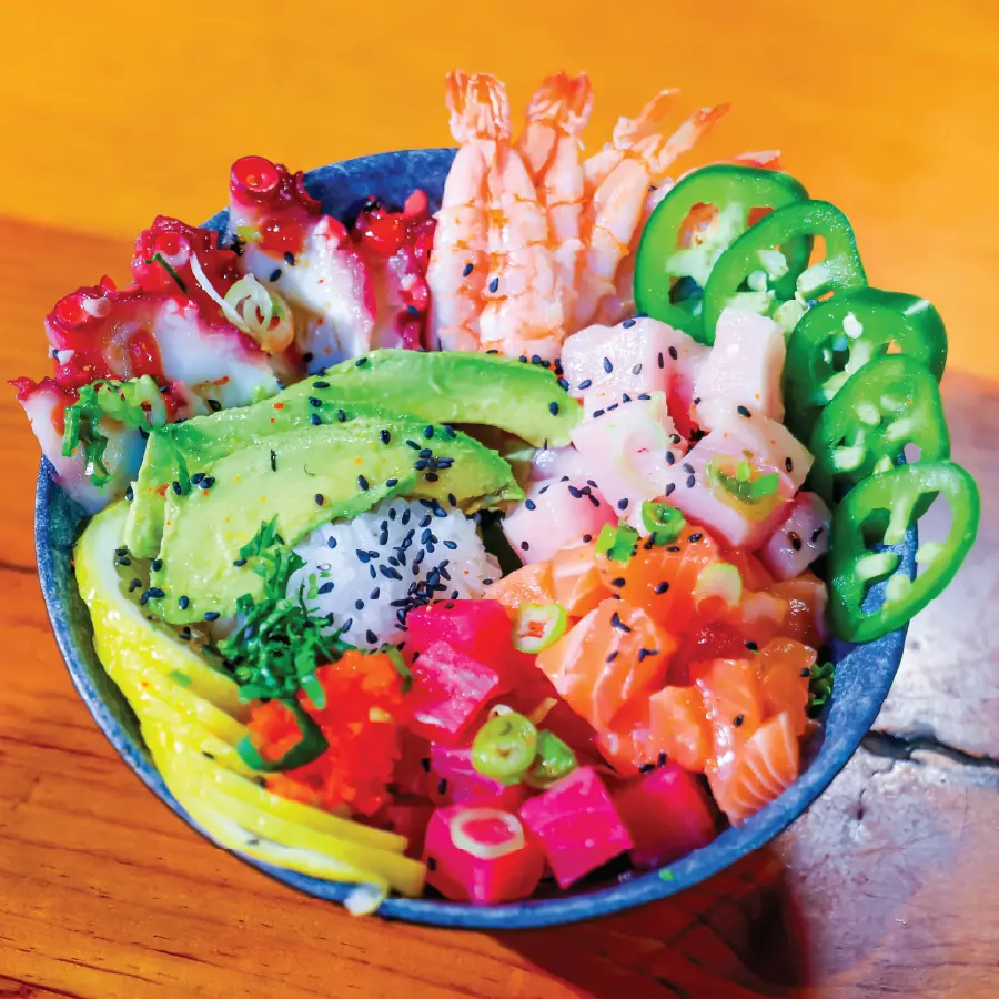 Tuna, slamon, hamachi, octopus, shrimp, avocado, jalapenos and rice.