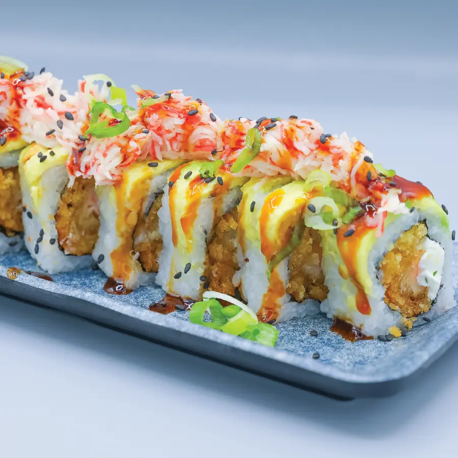 Cream cheese, avocado, crystal shrimp, cilantro, spicy crab and tempura crumbs.