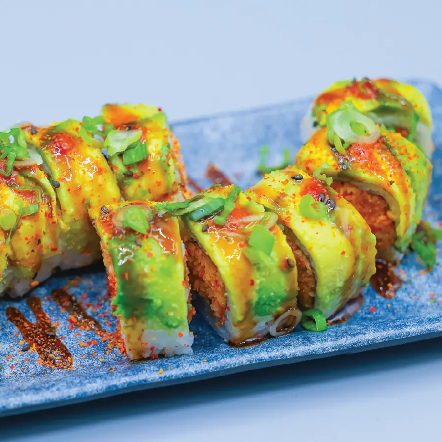 Crystal shrimp, cooked scallops, spicy crab, avocado and togarachi.