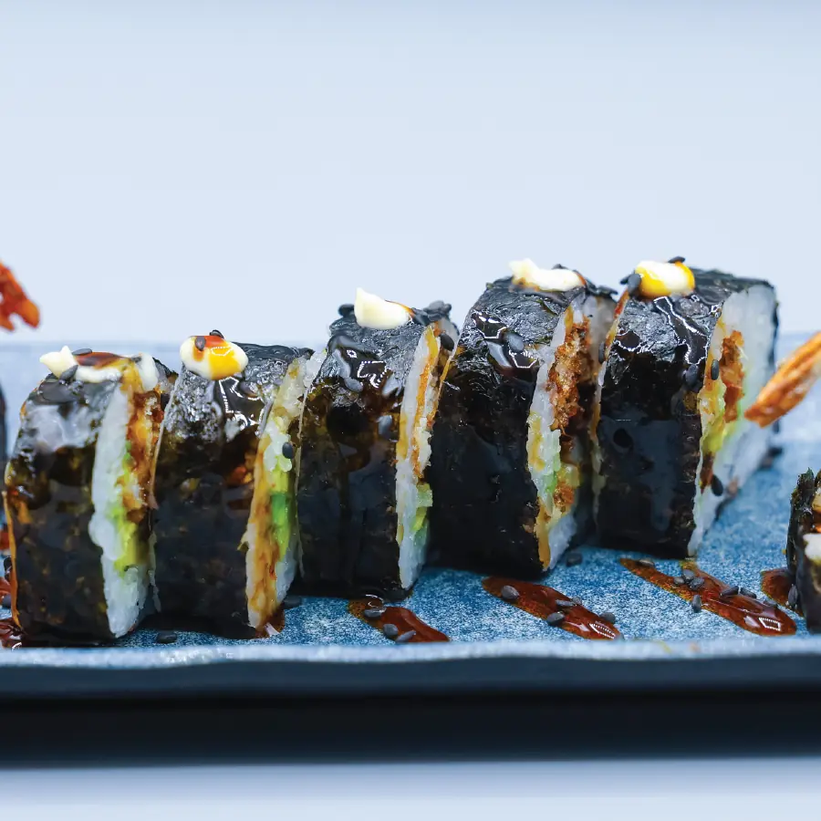 Soft shell crab, cucumber, mango, avocado and tobiko.