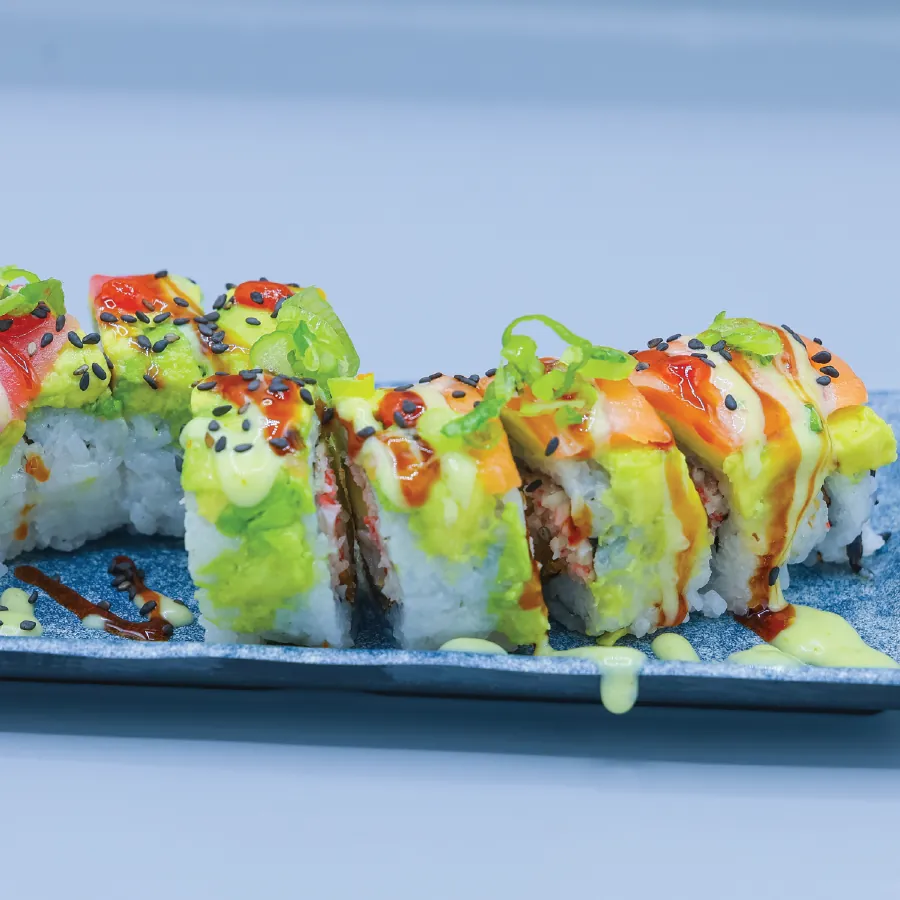 Salmon, tuna, avocado, cilantro, lemon, tempura shrimp, cucumber and spicy crab.