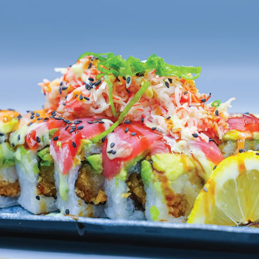 Crystal shrimp, avocado, salmon, tuna and spicy crab.