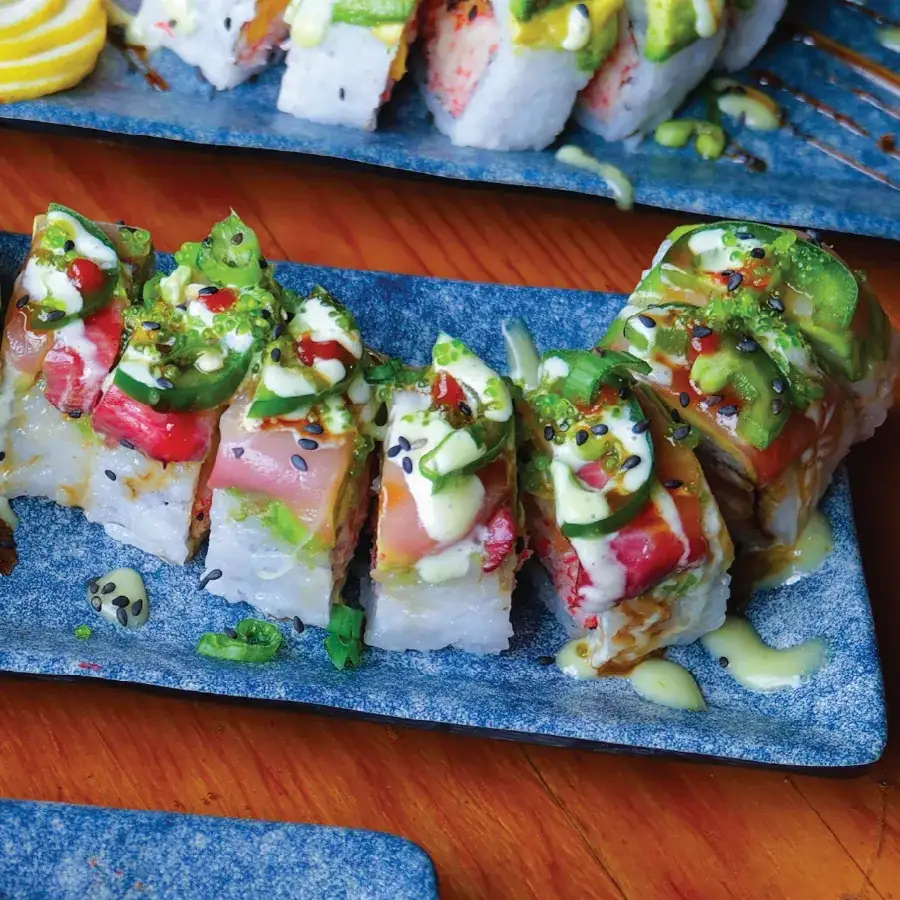 Hamachi, lemon, jalapeno, spicy crab, salmon and tobiko.